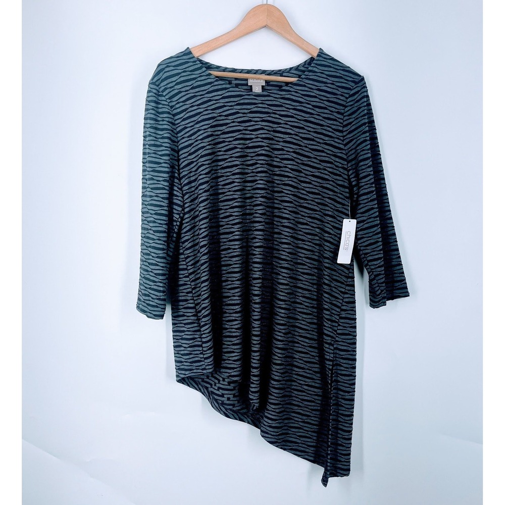 Chicos Womens Size 2 Grey Black Textured Asymmetric 3/4 Sleeve Tunic Top NEW